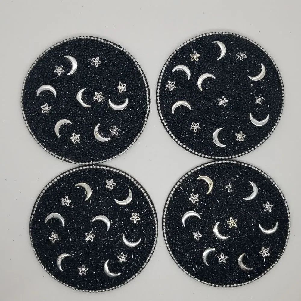 Moon and stars beaded coaster set with holder